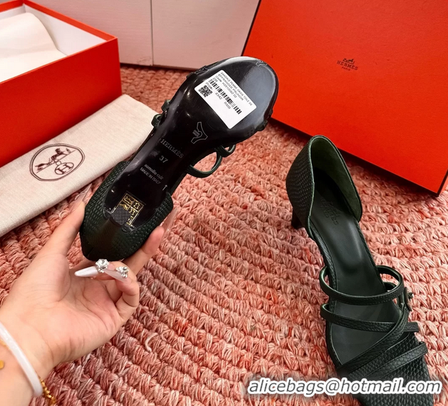 Fashion Hermes Lipstick High Heeled Sandals Green Shiny Lizard Leather 65MM 6053102