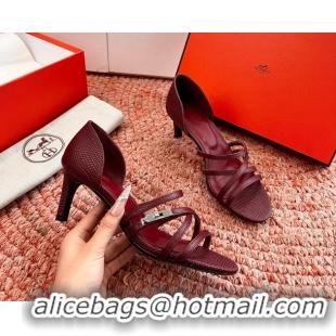 Top Grade Hermes Lipstick High Heeled Sandals Burgundy Shiny Lizard Leather 65MM 6053102