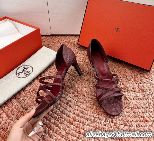 Top Grade Hermes Lipstick High Heeled Sandals Burgundy Shiny Lizard Leather 65MM 6053102