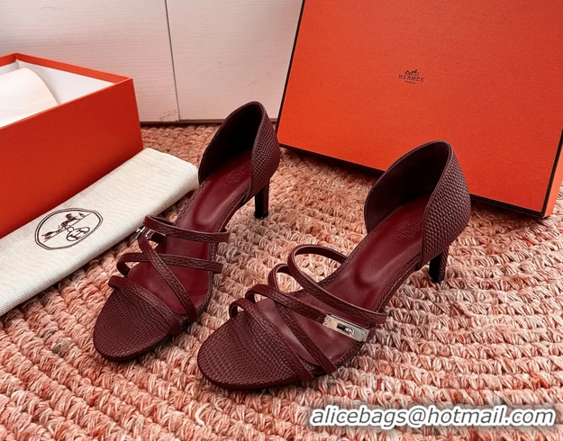 Top Grade Hermes Lipstick High Heeled Sandals Burgundy Shiny Lizard Leather 65MM 6053102