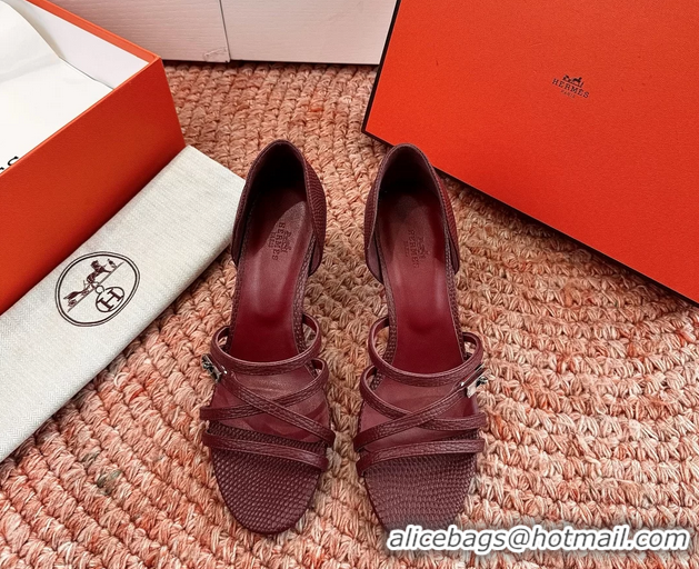 Top Grade Hermes Lipstick High Heeled Sandals Burgundy Shiny Lizard Leather 65MM 6053102