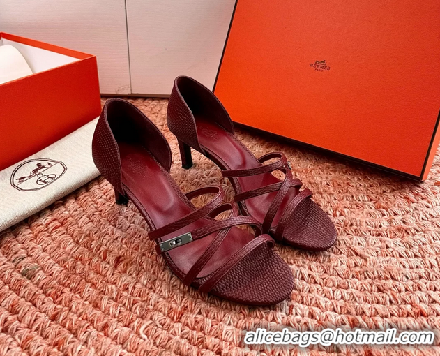 Top Grade Hermes Lipstick High Heeled Sandals Burgundy Shiny Lizard Leather 65MM 6053102