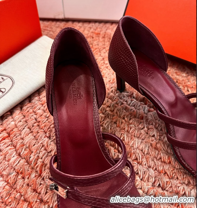 Top Grade Hermes Lipstick High Heeled Sandals Burgundy Shiny Lizard Leather 65MM 6053102