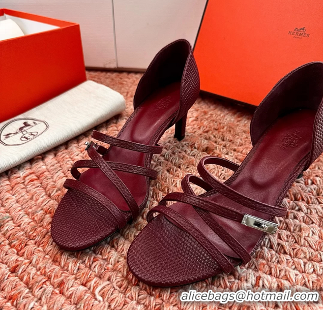 Top Grade Hermes Lipstick High Heeled Sandals Burgundy Shiny Lizard Leather 65MM 6053102