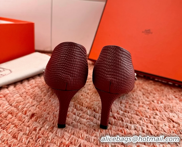 Top Grade Hermes Lipstick High Heeled Sandals Burgundy Shiny Lizard Leather 65MM 6053102