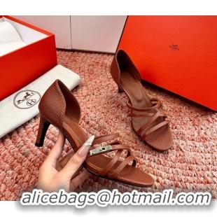 Fashion Luxury Hermes Lipstick High Heeled Sandals Brown Shiny Lizard Leather 65MM 6053102