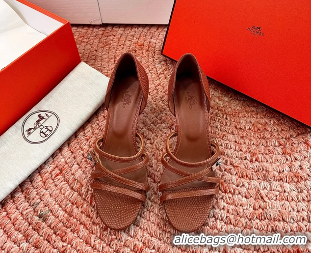 Fashion Luxury Hermes Lipstick High Heeled Sandals Brown Shiny Lizard Leather 65MM 6053102
