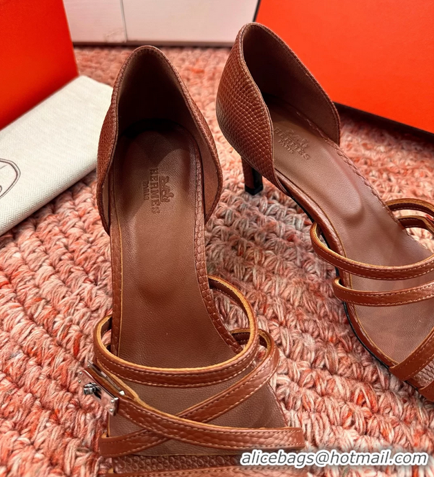 Fashion Luxury Hermes Lipstick High Heeled Sandals Brown Shiny Lizard Leather 65MM 6053102
