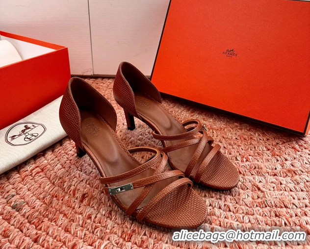 Fashion Luxury Hermes Lipstick High Heeled Sandals Brown Shiny Lizard Leather 65MM 6053102