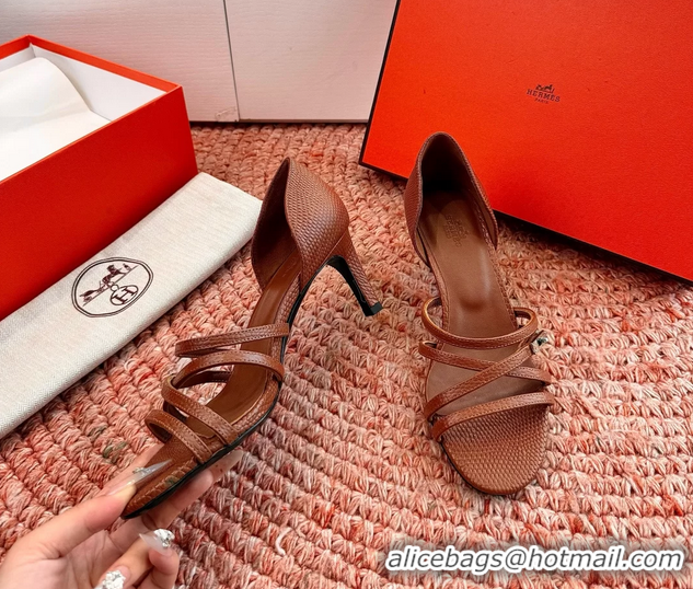 Fashion Luxury Hermes Lipstick High Heeled Sandals Brown Shiny Lizard Leather 65MM 6053102