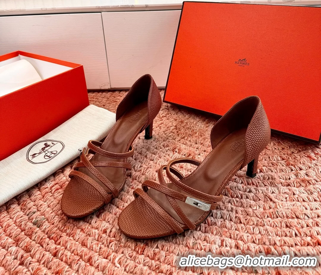 Fashion Luxury Hermes Lipstick High Heeled Sandals Brown Shiny Lizard Leather 65MM 6053102