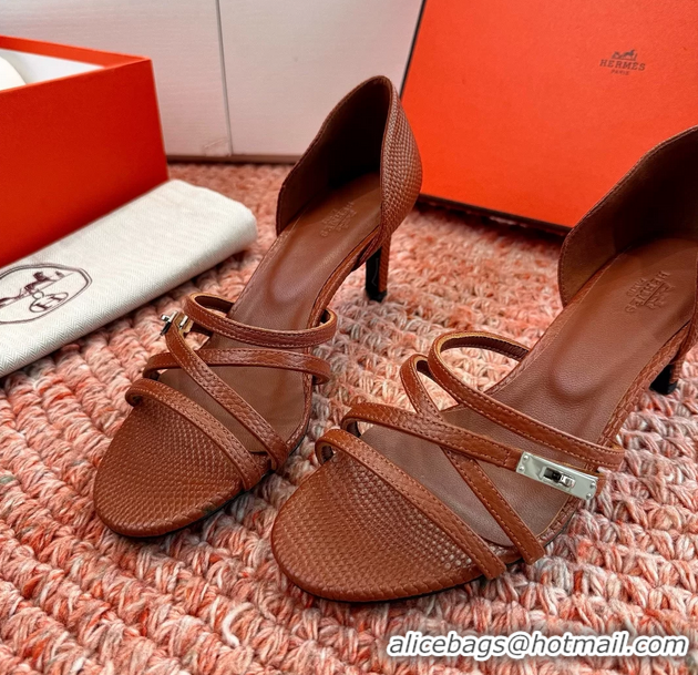 Fashion Luxury Hermes Lipstick High Heeled Sandals Brown Shiny Lizard Leather 65MM 6053102
