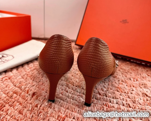 Fashion Luxury Hermes Lipstick High Heeled Sandals Brown Shiny Lizard Leather 65MM 6053102