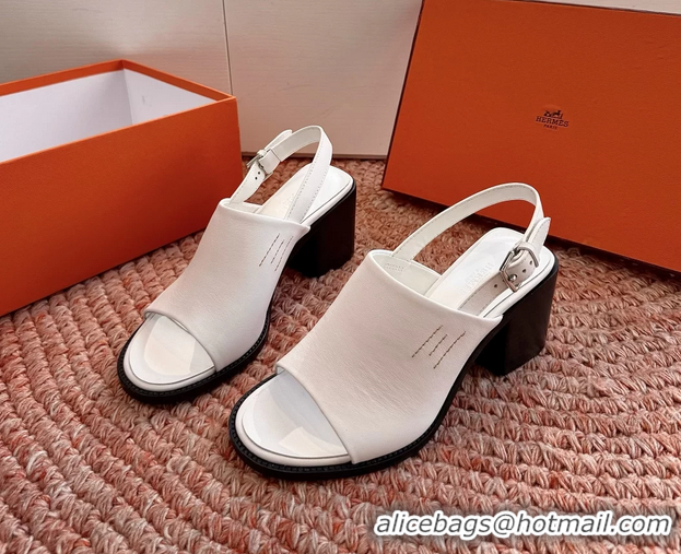 Fashion Hermes Mailys Heeled Slingback Sandals White Calfskin Leather 70MM 6053103