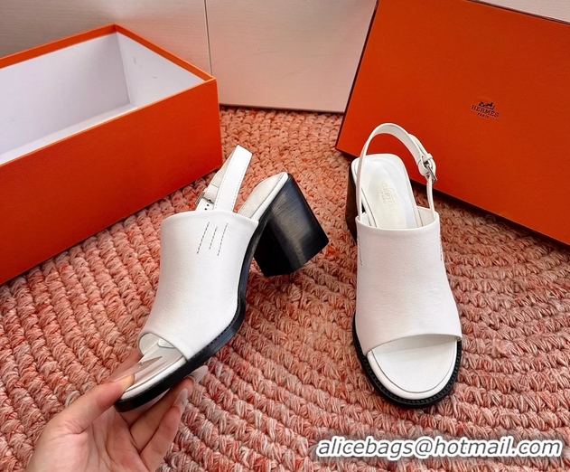 Fashion Hermes Mailys Heeled Slingback Sandals White Calfskin Leather 70MM 6053103
