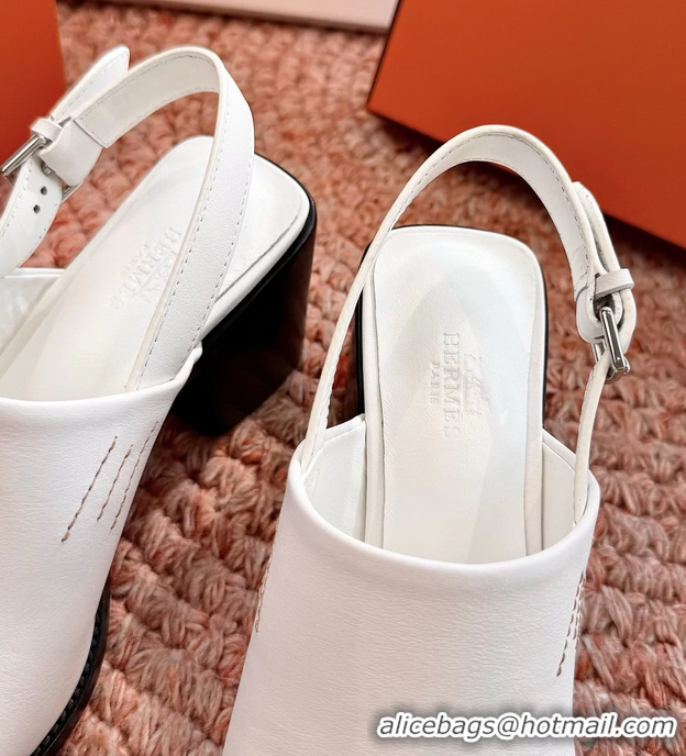 Fashion Hermes Mailys Heeled Slingback Sandals White Calfskin Leather 70MM 6053103