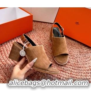 Unique Style Hermes Mailys Heeled Slingback Sandals Brown Suede Calfskin Leather 70MM 6053103