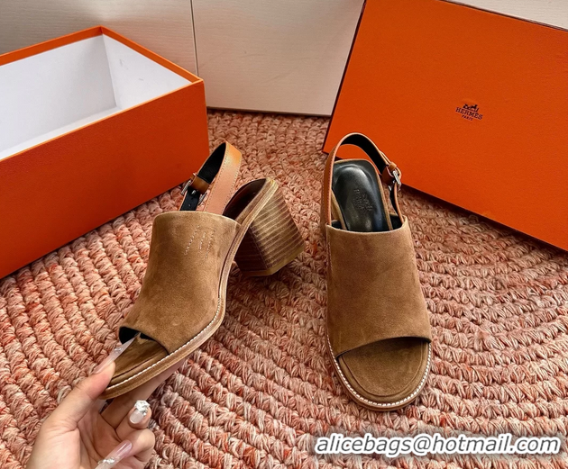 Unique Style Hermes Mailys Heeled Slingback Sandals Brown Suede Calfskin Leather 70MM 6053103