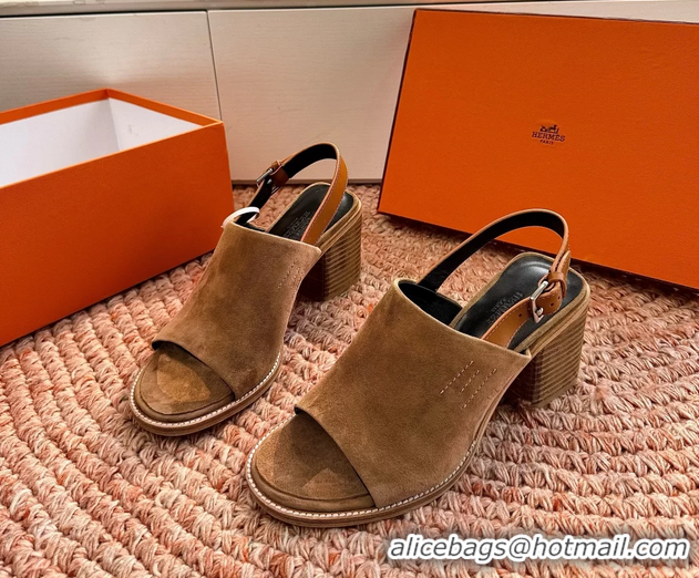 Unique Style Hermes Mailys Heeled Slingback Sandals Brown Suede Calfskin Leather 70MM 6053103