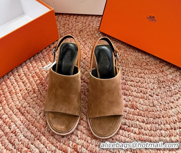 Unique Style Hermes Mailys Heeled Slingback Sandals Brown Suede Calfskin Leather 70MM 6053103