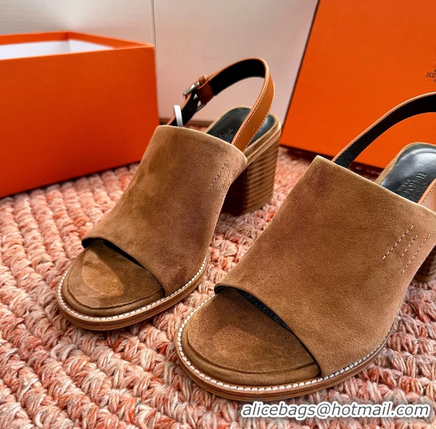 Unique Style Hermes Mailys Heeled Slingback Sandals Brown Suede Calfskin Leather 70MM 6053103
