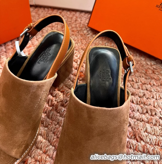 Unique Style Hermes Mailys Heeled Slingback Sandals Brown Suede Calfskin Leather 70MM 6053103