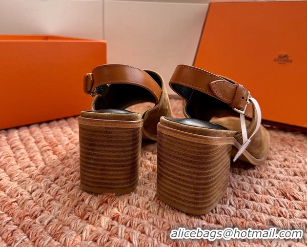 Unique Style Hermes Mailys Heeled Slingback Sandals Brown Suede Calfskin Leather 70MM 6053103