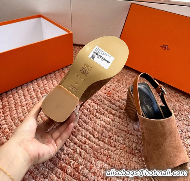 Unique Style Hermes Mailys Heeled Slingback Sandals Brown Suede Calfskin Leather 70MM 6053103