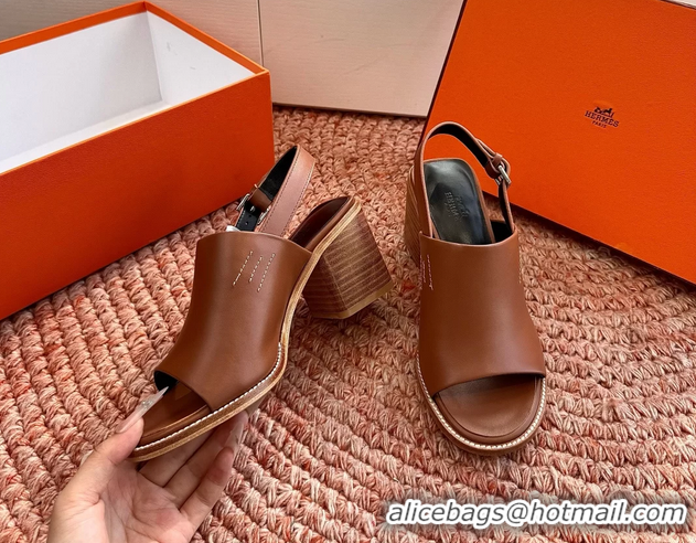Cheapest Hermes Mailys Heeled Slingback Sandals Brown Calfskin Leather 70MM 6053103
