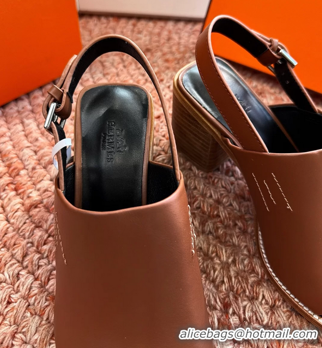Cheapest Hermes Mailys Heeled Slingback Sandals Brown Calfskin Leather 70MM 6053103