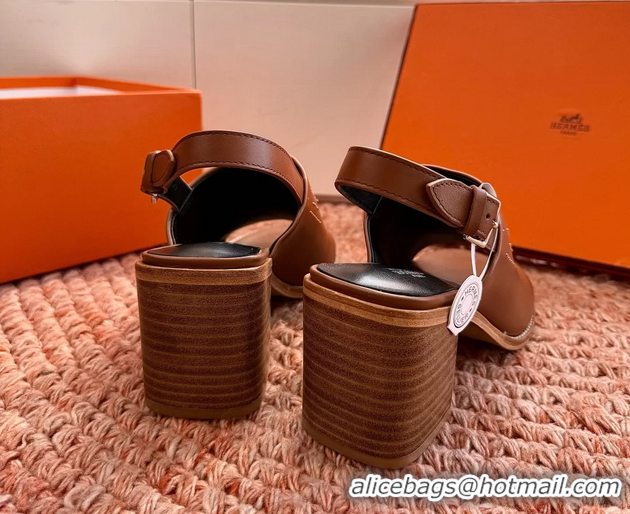 Cheapest Hermes Mailys Heeled Slingback Sandals Brown Calfskin Leather 70MM 6053103