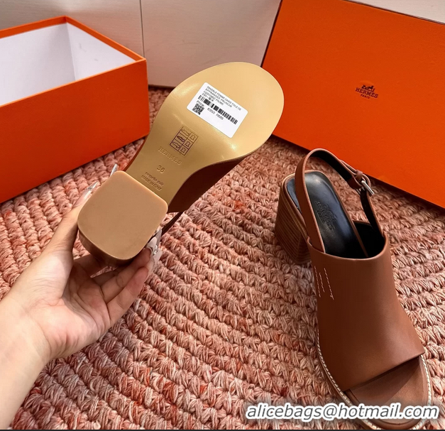 Cheapest Hermes Mailys Heeled Slingback Sandals Brown Calfskin Leather 70MM 6053103
