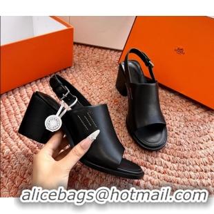 Buy Discount Hermes Mailys Heeled Slingback Sandals Black Calfskin Leather 70MM 6053103