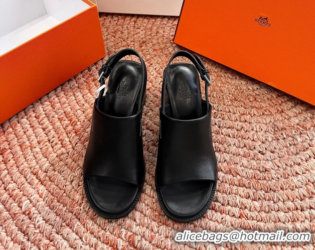 Buy Discount Hermes Mailys Heeled Slingback Sandals Black Calfskin Leather 70MM 6053103