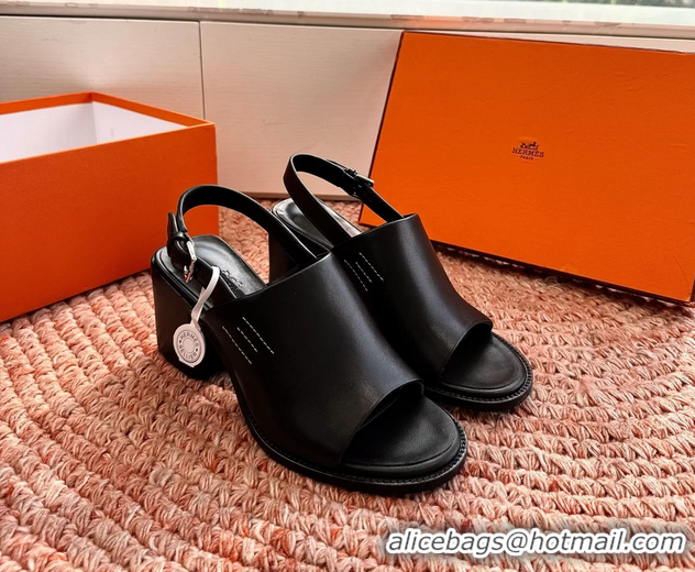Buy Discount Hermes Mailys Heeled Slingback Sandals Black Calfskin Leather 70MM 6053103
