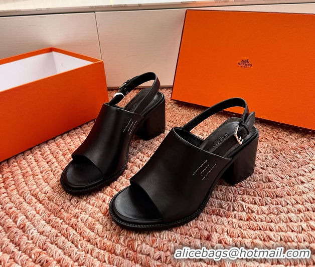 Buy Discount Hermes Mailys Heeled Slingback Sandals Black Calfskin Leather 70MM 6053103