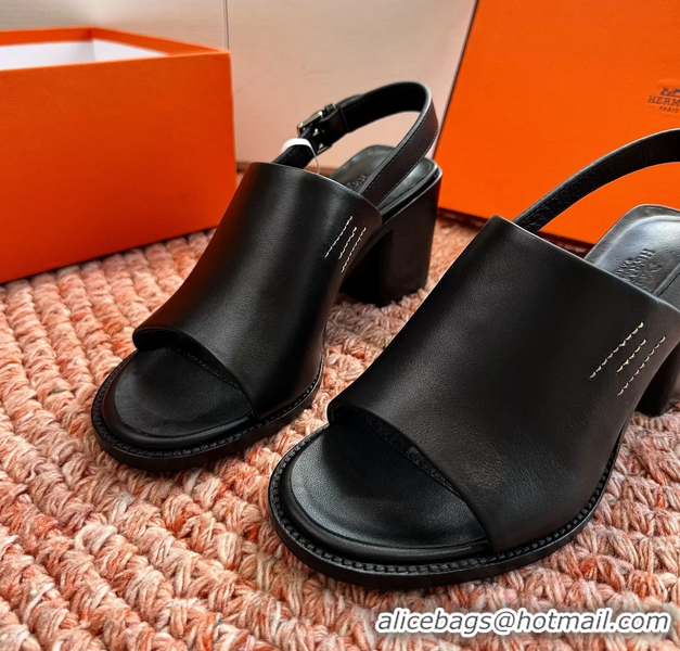 Buy Discount Hermes Mailys Heeled Slingback Sandals Black Calfskin Leather 70MM 6053103