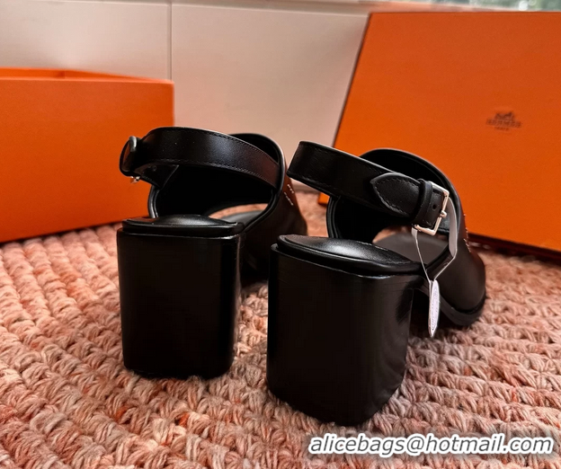 Buy Discount Hermes Mailys Heeled Slingback Sandals Black Calfskin Leather 70MM 6053103