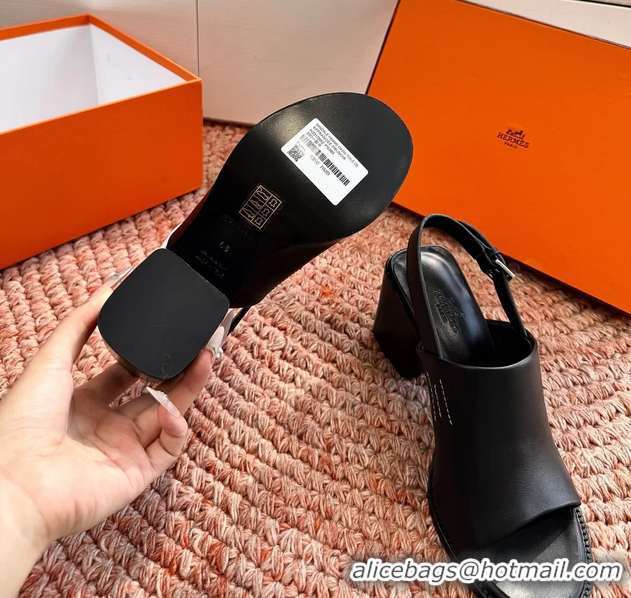 Buy Discount Hermes Mailys Heeled Slingback Sandals Black Calfskin Leather 70MM 6053103