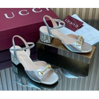 Good Looking Gucci calfskin leather heel sandals 5.5cm with horsebit and strass silver 2026 812292