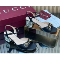 Low Cost Gucci lambskin leather heel sandals 5 5cm with horsebit and strass black 2026 812292