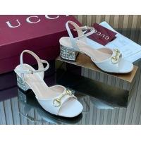 Grade Quality Gucci lambskin leather heel sandals 5.5cm with horsebit and strass white 2026 812292