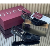 Pretty Style Gucci Crystals Black  GG Mesh Slingback Pumps Shoes 75MM 35To42