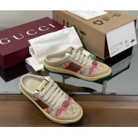 Good Product Gucci Screener Mule Sneakers Shoes  Leather and GG Canvas 260503 Beige Fuchsia