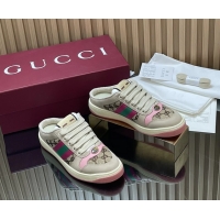 Stylish Gucci Screener Mule Sneakers Shoes  Leather and GG Canvas 260503 Beige Pink