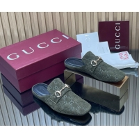 Most Popular Gucci Ragazzo Horsebit Flat Mules Dark Green GG Suede Leather 260503 Dark Green