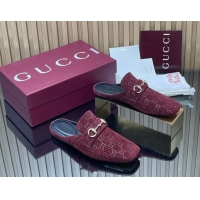Popular Style Gucci Ragazzo Horsebit Flat Mules Burgundy GG Suede Leather 260503 Burgundy