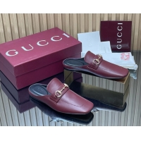 Unique Style Gucci Ragazzo Horsebit Flat Mules Burgundy Calf Leather 260503 Burgundy