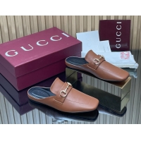 Best Price Gucci Ragazzo Horsebit Flat Mules Brown Calf Leather 260503 Brown