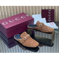 Top Design Gucci Ragazzo Horsebit Flat Mules Brown GG Suede Leather 260503 Brown